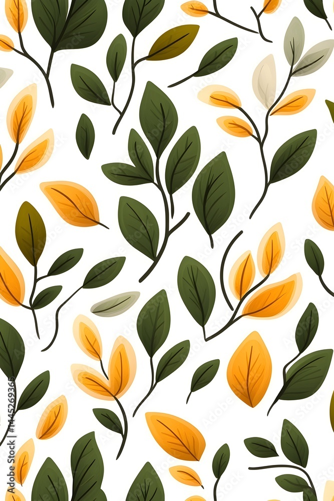 A seamless pattern featuring dark-green and golden-yellow leaves and branches on a white background A seamless pattern featuring dark-green and golden-yellow leaves and branches on a white background