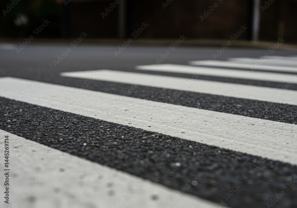 Close up view of pedestrian crosswalk lines on dark asphalt road surface after rain. Road safety markings and urban infrastructure element.