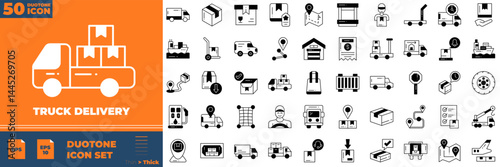 Truck Delivery Duotone Editable Icons set. Vector illustration in modern thin duotone style of truck delivery icons: delivery, transport, service, etc