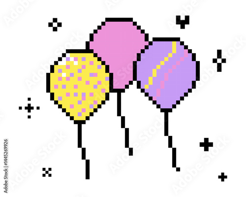 Y2k inspired bunch of balloons icon in pixel art. Festive balon with thread. Game abstract sticker for poster, collage, party and birthday card. Vector illustration. Game abstract event decor element