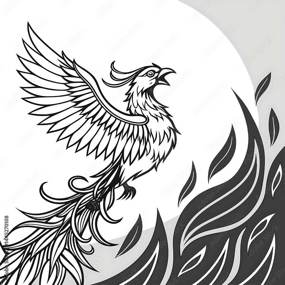 Obraz premium Black Vector Mythical Phoenix Rising from Flames, Intricate Feather Line Work