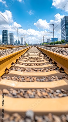 A vanishing point perspective of train tracks stretching towards a modern cityscape under a bright blue sky