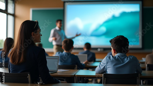 High School Classroom Tsunami Education Workshop: Engaging Multimedia Presentations & Emergency Preparedness Drills - Concept Photo with Empty Space on Left