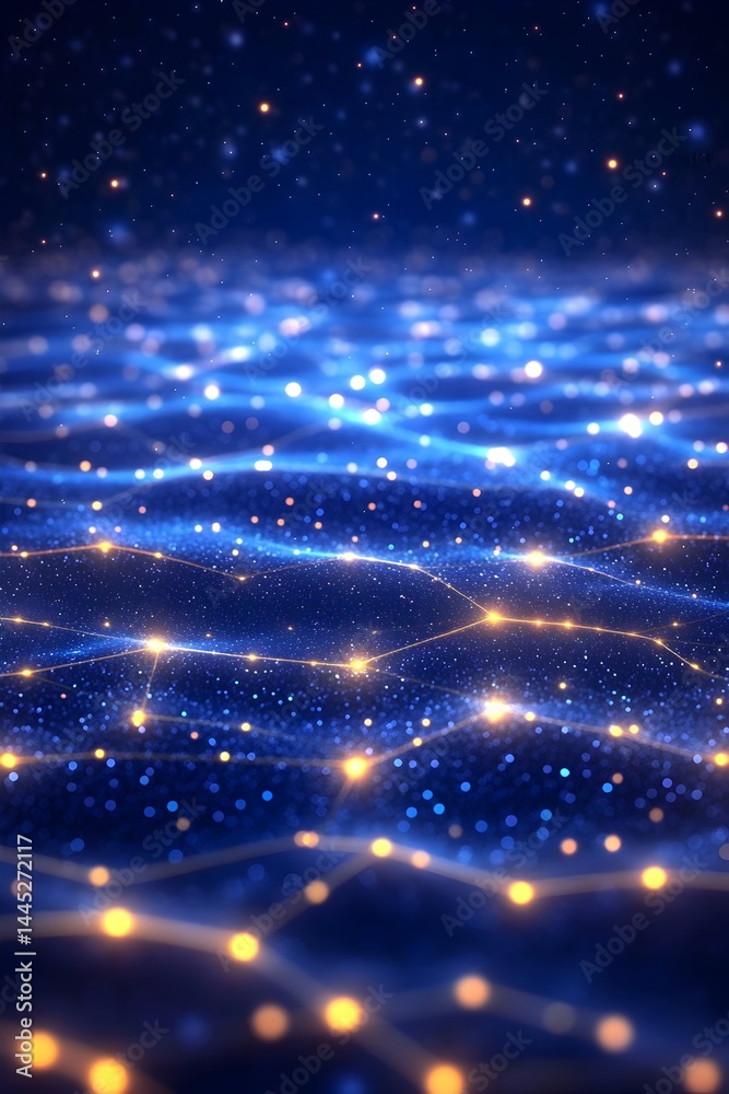 Abstract glowing network, blue and gold, shimmering, wave-like pattern Abstract glowing network, blue and gold, shimmering, wave-like pattern