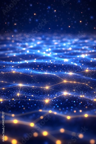 Abstract glowing network, blue and gold, shimmering, wave-like pattern