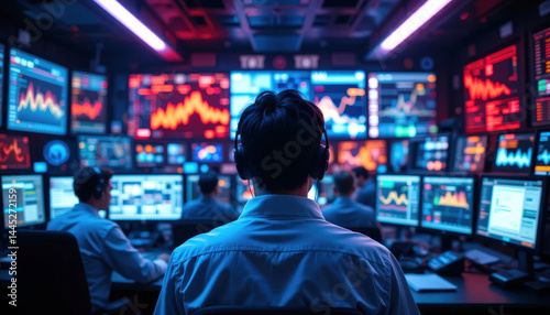 man wearing headphones monitors multiple screens displaying financial data, stock charts, and analytics in vibrant control room