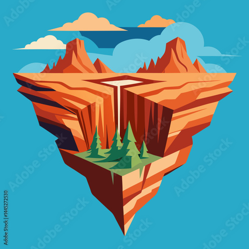 Heart-shaped mountain with a waterfall cascading into a serene lake below, surrounded by lush greenery.