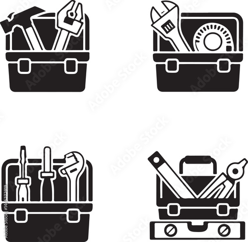 Four Toolboxes with Different Tools Icon Set