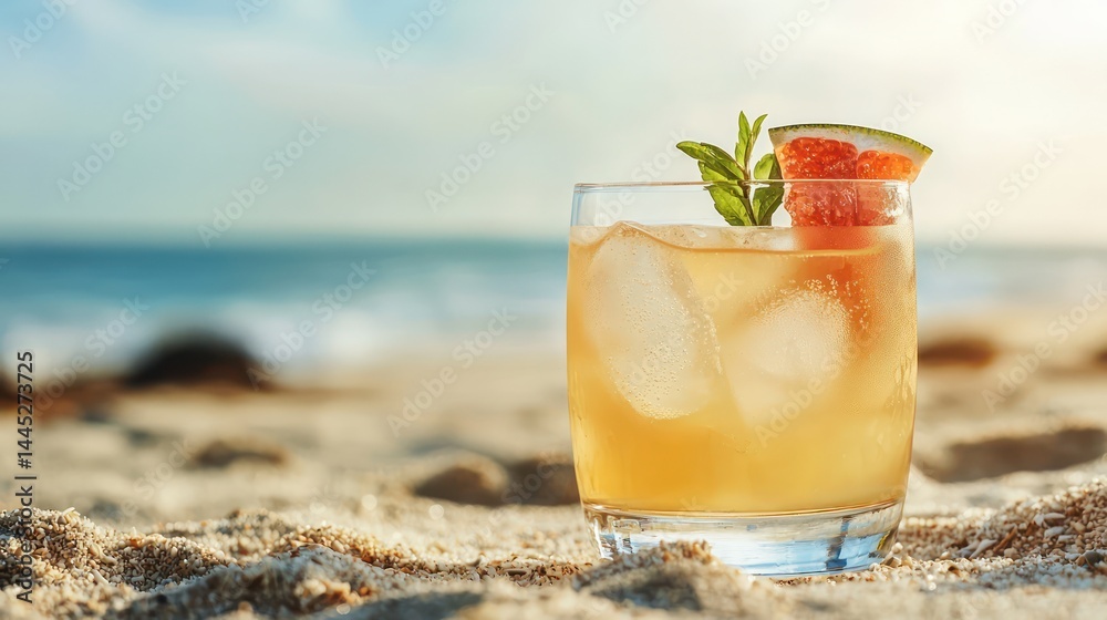 Obraz premium A refreshing summer mocktail in a clear glass with minimal garnish, placed on the beach under morning sun, shallow depth of field showing a tranquil ocean in the distance.