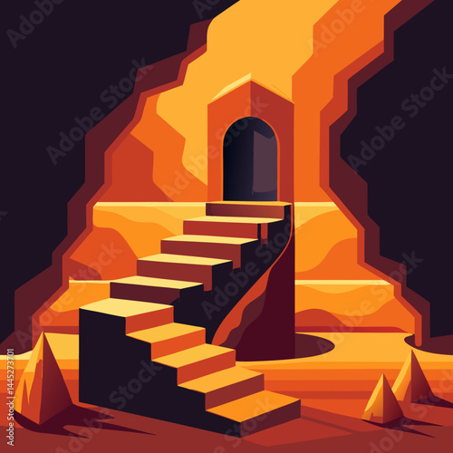 An illustration of a staircase ascending towards the entrance of a dark cave.