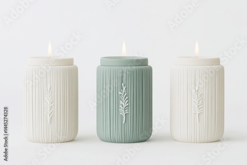 Three cylindrical candles, light beige, muted green, and off-white, with embossed foliage design photo