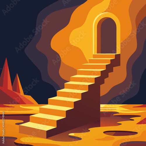 An illustration of a staircase ascending towards the entrance of a dark cave.