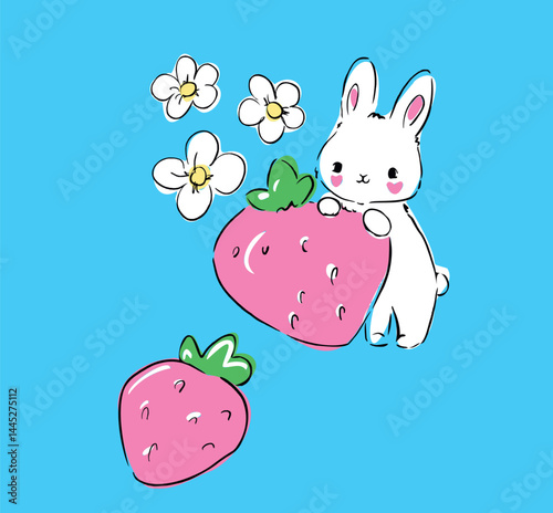 Hand drawn cute rabbit with a pink heart cartoon character holds a strawberry berry on a white background vector children's trend Print Illustration Eps10