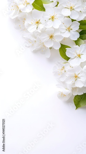 Delicate white blossoms and green leaves arranged on a white background, creating a spring-like border