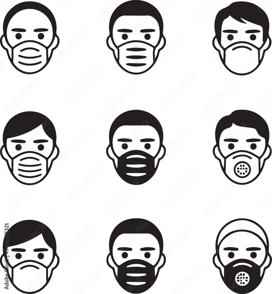 Nine Diverse Men Wearing Different Face Masks Icons Nine Diverse Men Wearing Different Face Masks Icons