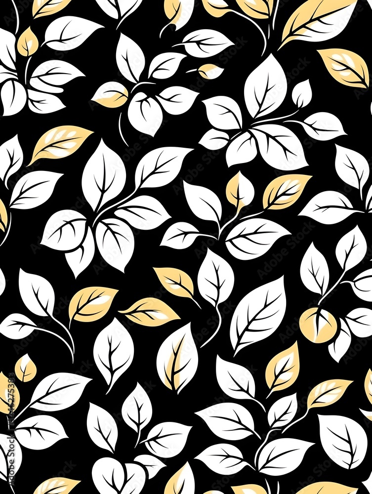 Elegant black background with repeating pattern of white and mustard yellow leaves and stems Elegant black background with repeating pattern of white and mustard yellow leaves and stems