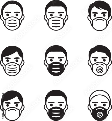 Nine Diverse Men Wearing Different Face Masks Icons