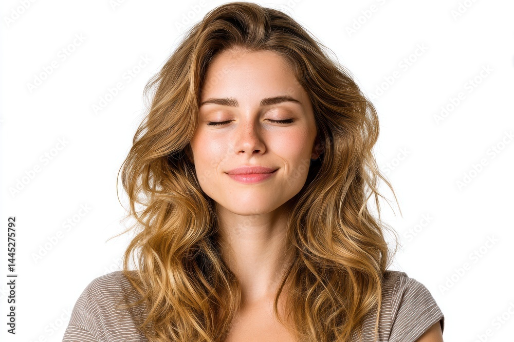 Woman with serene smile and closed eyes embodies tranquility and contentment on a bright white background Woman with serene smile and closed eyes embodies tranquility and contentment on a bright white background