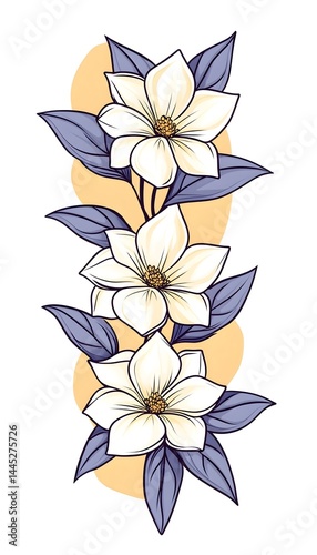 Elegant illustration of three white blossoms with purple leaves on a pale orange background