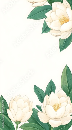 Elegant illustration of creamy white blossoms and lush green leaves forming a vertical frame against a white background