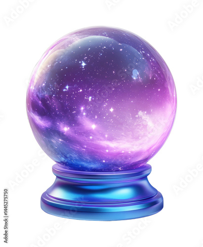 Enchanted cosmic crystal ball with starry galaxy inside on a blue base