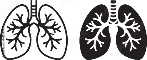 Human Lungs Icon Set Line Art and Solid Black