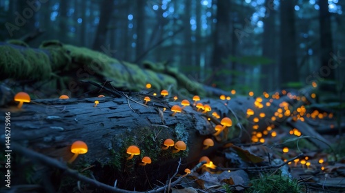 Foxfire fungi glow faintly rotting logs illuminating an ancient forest floor photo
