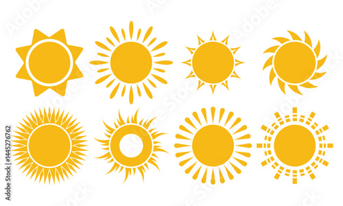 Sun icon set in yellow color on white background. Sun simple icons collection. sunshine and solar glow, sunrise or sunset Vector illustration.