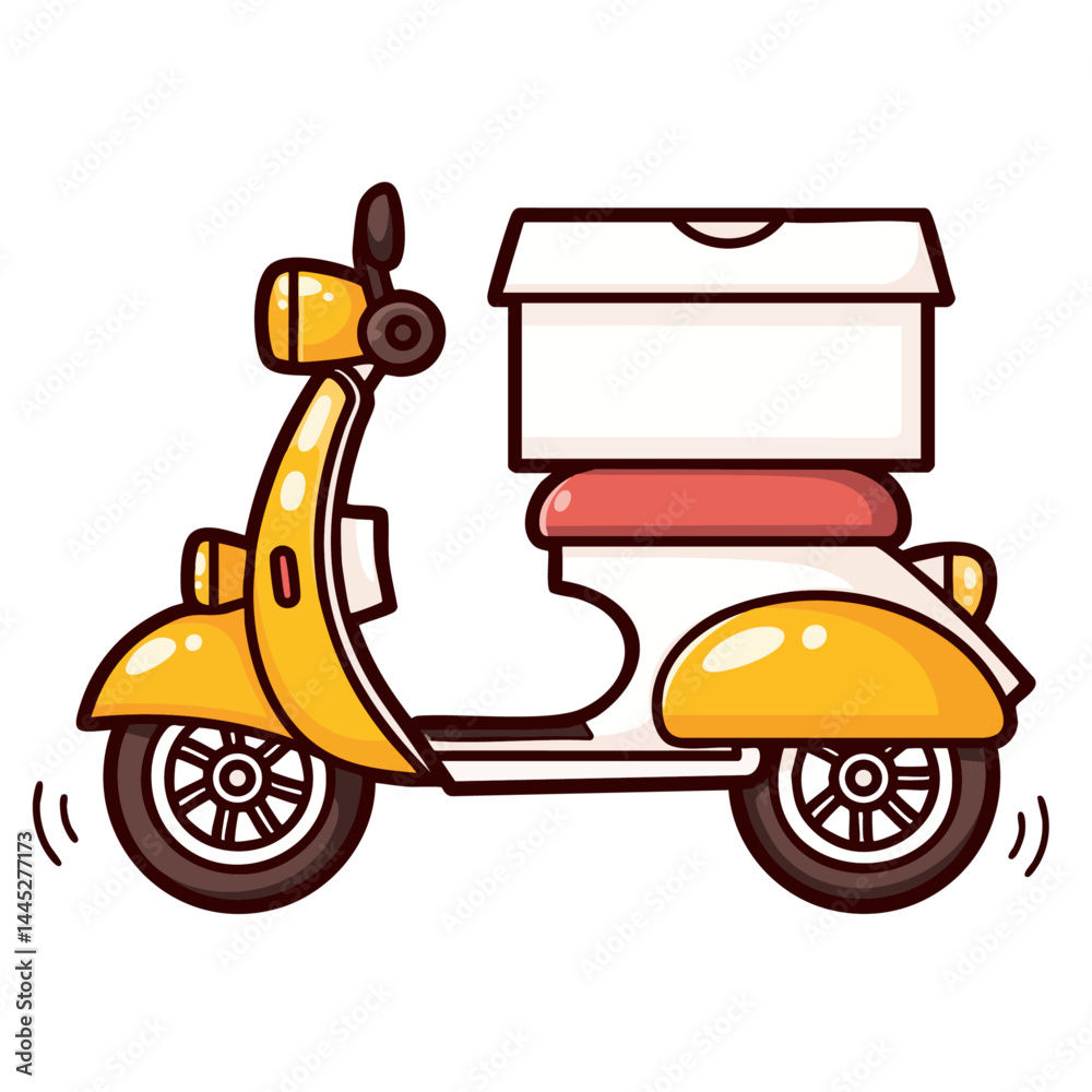 Obraz premium Yellow scooter with cardboard cargo box on it's seat, online ordered food or groceries home delivery concept, doodle isolated cute clean and simple cartoon vector illustration