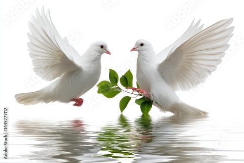 Pair of doves flying above water with an olive branch, symbolizing peace and hope in a serene moment