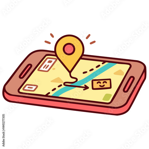 Map with a location pin, online gps parcel delivery tracking smartphone app, doodle isolated cute clean and simple cartoon vector illustration
