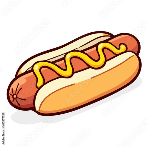 Delicious hot dog with mustard, a classic fast-food hotdog with sausage, doodle isolated cute clean and simple cartoon vector illustration