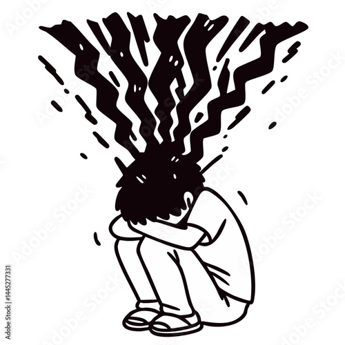 Depressed boy sitting with head resting knees, with dark black negative thoughts of hopelessness or anxiety, doodle cartoon character, kawaii isolated clean and simple vector illustration