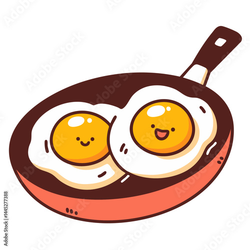 Two happy fried eggs on frying pan, doodle cartoon character, kawaii isolated cute clean and simple vector illustration
