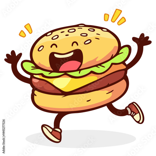 Happy hamburger running, cheerful cheeseburger american burger, doodle cartoon character, kawaii isolated cute clean and simple vector illustration