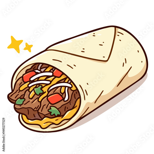 Meat and vegetables in tortilla wrap, burrito or kebab street food, doodle isolated cute clean and simple vector illustration
