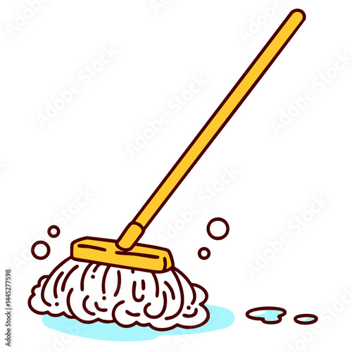 Soapy cleaning mop broom with water, clean service, doodle isolated cute clean and simple vector illustration