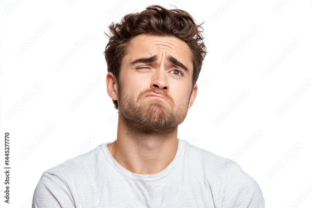Man sneering with one side of mouth curled up while isolated against a white background Man sneering with one side of mouth curled up while isolated against a white background
