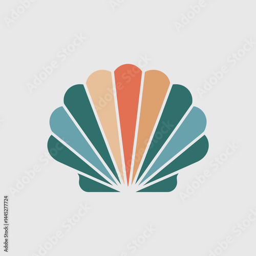 A stylized shell design features an array of pastel colors including teal, orange, and beige, creating a symmetrical pattern