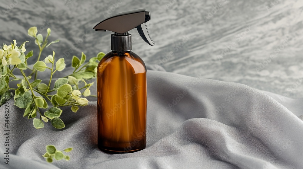 Natural amber spray bottle on soft fabric surrounded by green leaves, perfect for eco-friendly products, home care, and DIY beauty solutions. Capturing elegance and simplicity. Natural amber spray bottle on soft fabric surrounded by green leaves, perfect for eco-friendly products, home care, and DIY beauty solutions. Capturing elegance and simplicity.