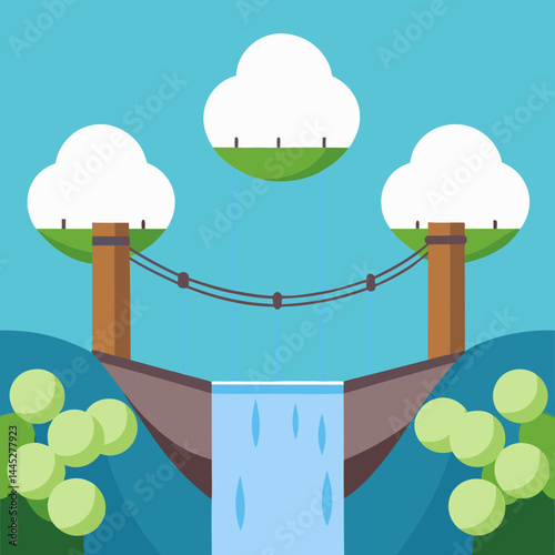 A bridge spans a river under a cloudy sky, showcasing a serene natural landscape.