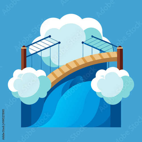 A bridge spans a river under a cloudy sky, showcasing a serene natural landscape.