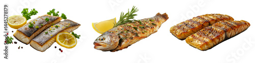 A collection of types of grilled fish dishes, including fillets and whole fish, garnished with lemon and herbs on a transparent background.