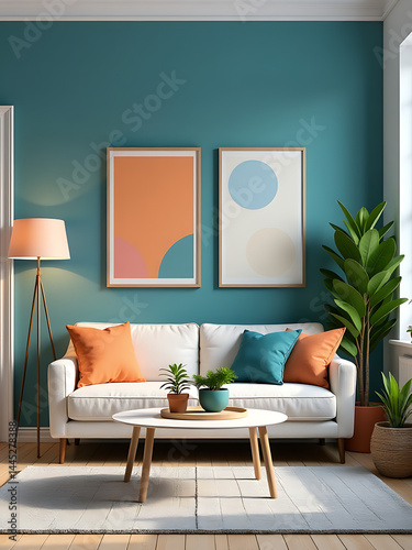 Modern living room design features colorful decorations, plants, sofa, coffee table, lamp, and blue walls for a welcoming home atmosphere._00001_