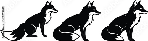 Elegant Fox Silhouette Collection - Sitting Postures, Wild Animal Icons Transparent on White Background AI Generative
