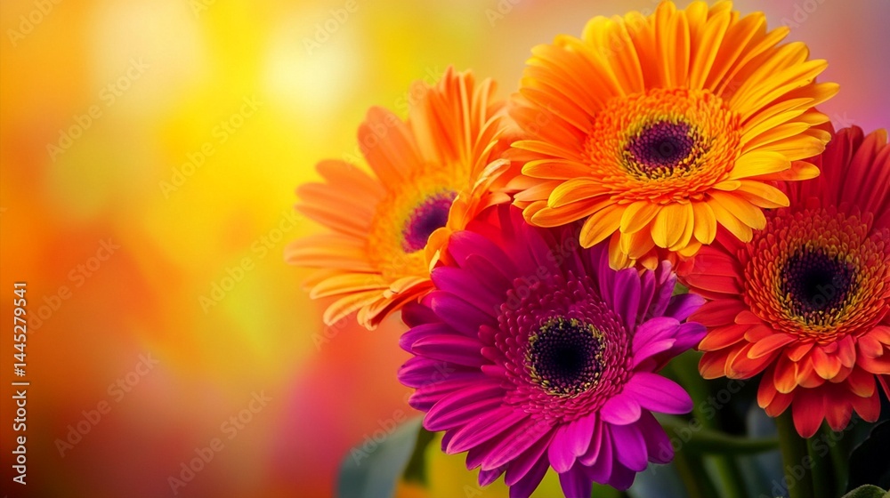 Vibrant gerbera daisies in a stunning mix of colors, embodying the beauty of nature, with bright orange, pink, and purple hues creating a cheerful atmosphere.