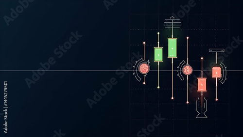 Illustration showing bearish vs bullish indicators highlighting contrasting candlestick patterns and trend reversal markers on dark grid in  Photo Stock  Concept  and empty space on the left side