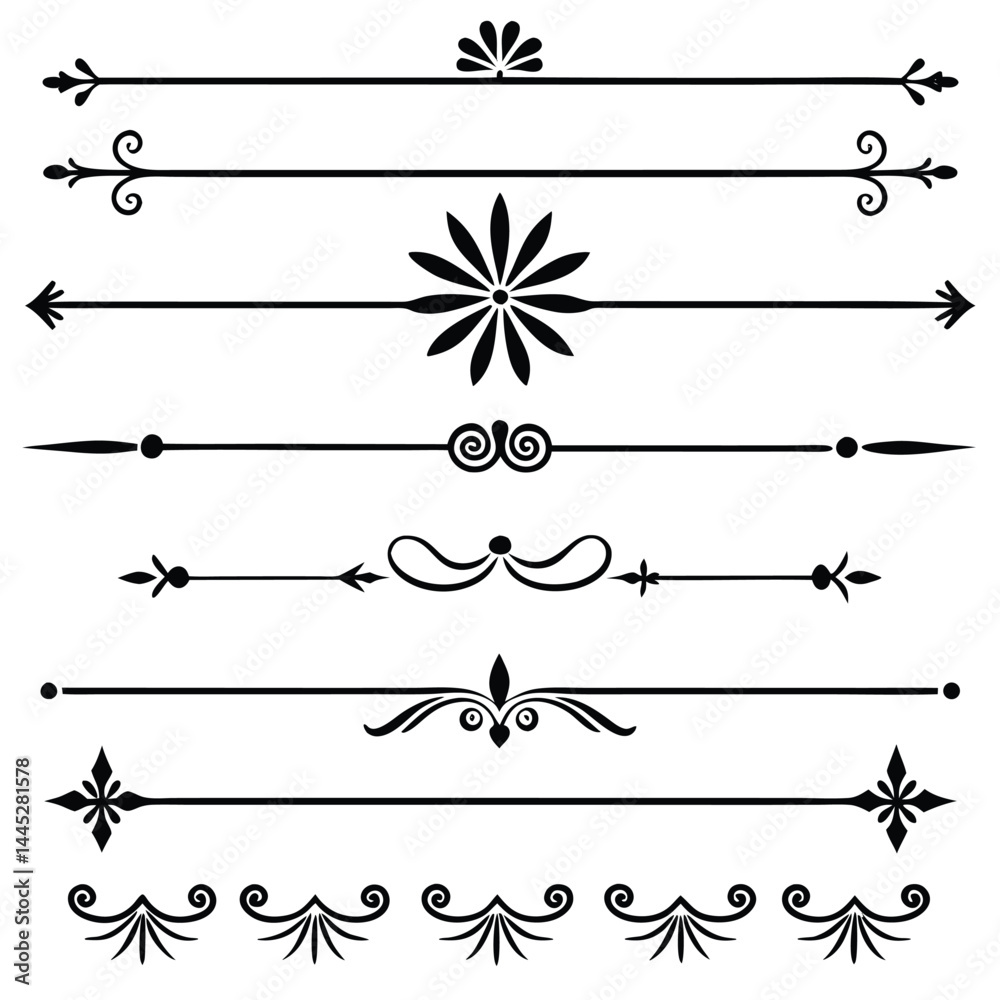 Decorative Line Dividers Set – Black Vector Horizontal Page Breaks with Symmetrical Designs
