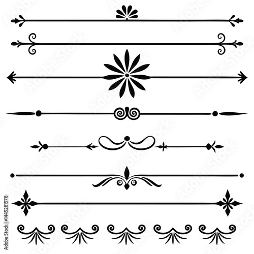 Decorative Line Dividers Set – Black Vector Horizontal Page Breaks with Symmetrical Designs
