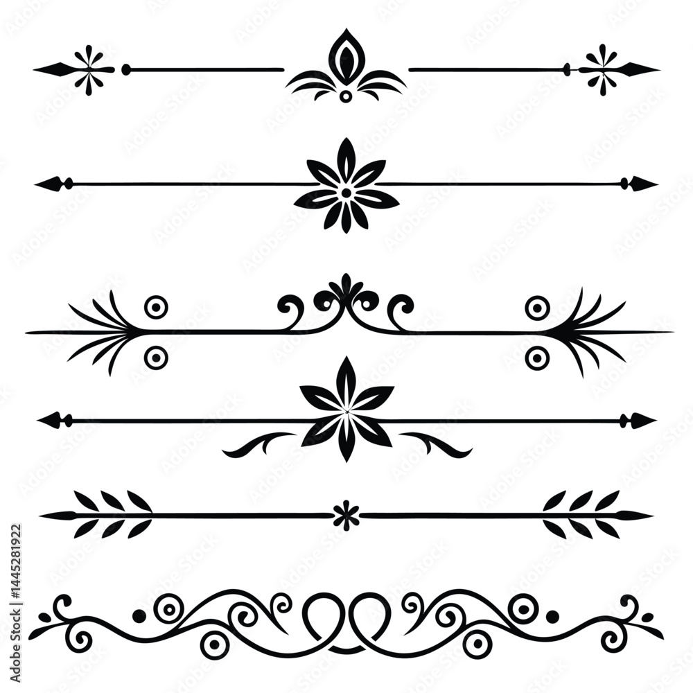 Decorative Line Dividers Set – Black Vector Horizontal Page Breaks with Symmetrical Designs
